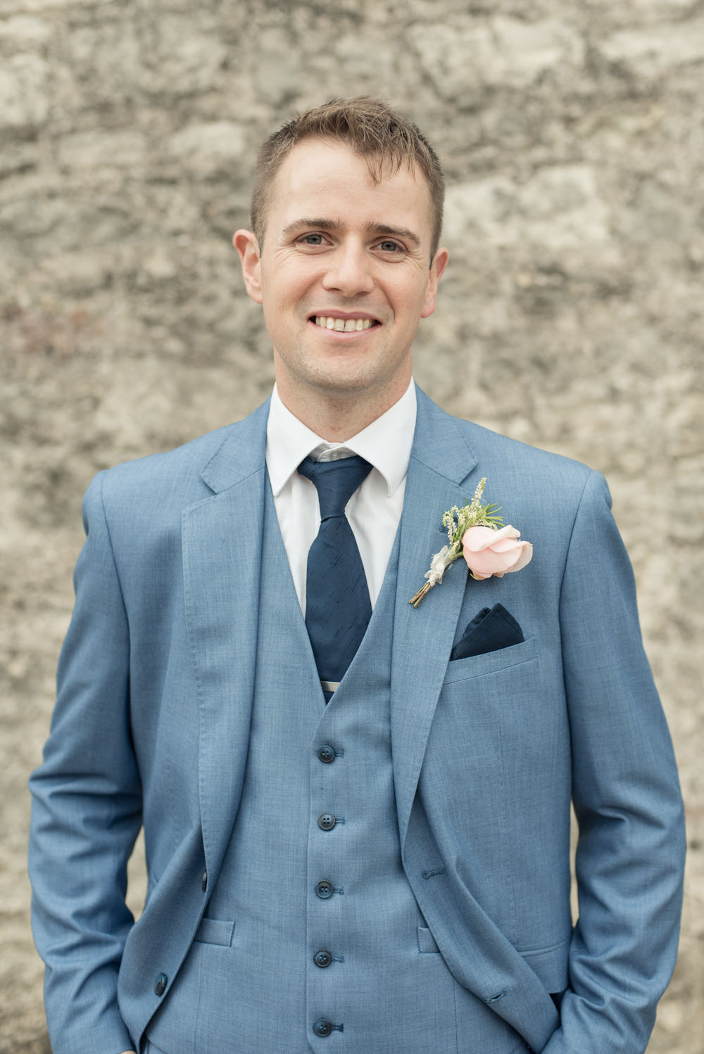 Groom Pale Blue Suit Tie Navy Buttonhole Tythe Barn Priston Mill Wedding Eleanor Jane Photography