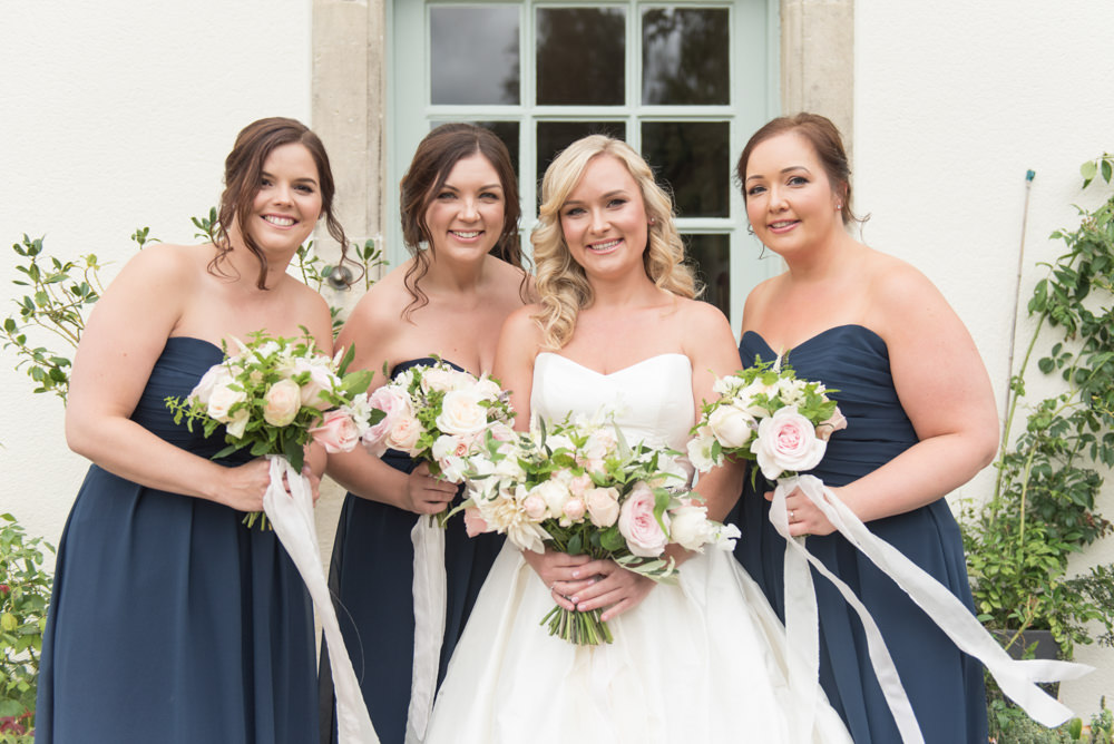 Bouquet Flowers Bride Bridal Blush Pink White Dahlia Cafe Au Lait Rose Sweet Peas Ribbons Bridesmaids Tythe Barn Priston Mill Wedding Eleanor Jane Photography
