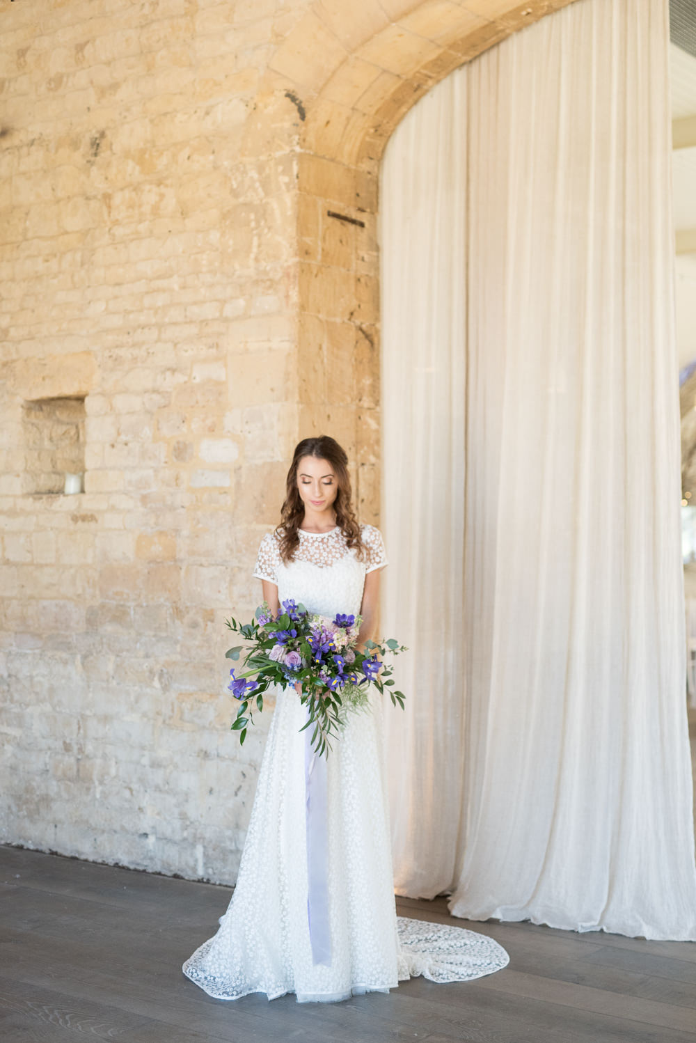 Dress Gown Bride Bridal Floral Lace Short Sleeves Train Ultra Violet Wedding Moon Gate Flower Arch Captured by Katrina Photography