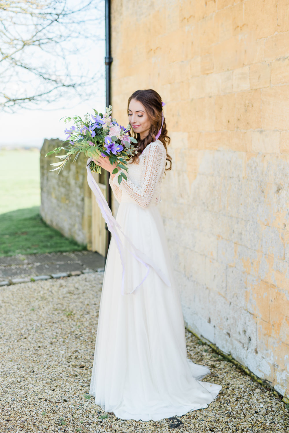 Bouquet Flowers Bride Bridal Purple Lilac Iris Rose Greenery Foliage Silk Ribbons Ultra Violet Wedding Moon Gate Flower Arch Captured by Katrina Photography
