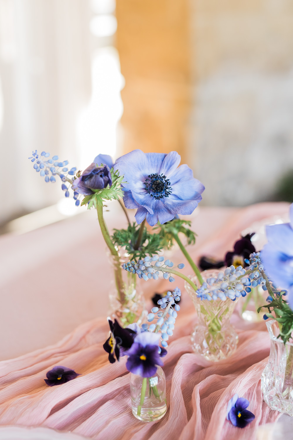 Blue Lilac Flowers Jars Bottles Vase Grape Hyacinth Ultra Violet Wedding Moon Gate Flower Arch Captured by Katrina Photography