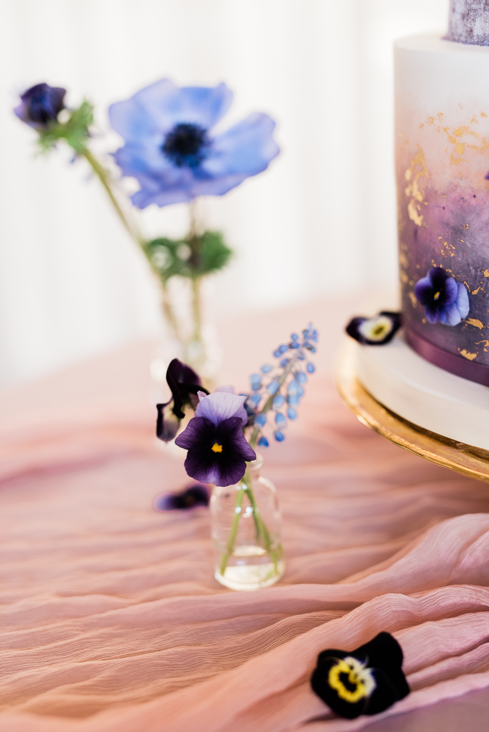 Blue Lilac Flowers Jars Bottles Vase Grape Hyacinth Ultra Violet Wedding Moon Gate Flower Arch Captured by Katrina Photography