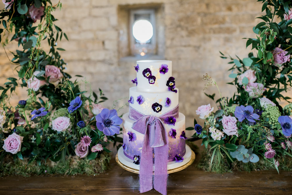 Cake Petals Gold Leaf Velvet Ribbon Lilac Purple Ultra Violet Wedding Moon Gate Flower Arch Captured by Katrina Photography