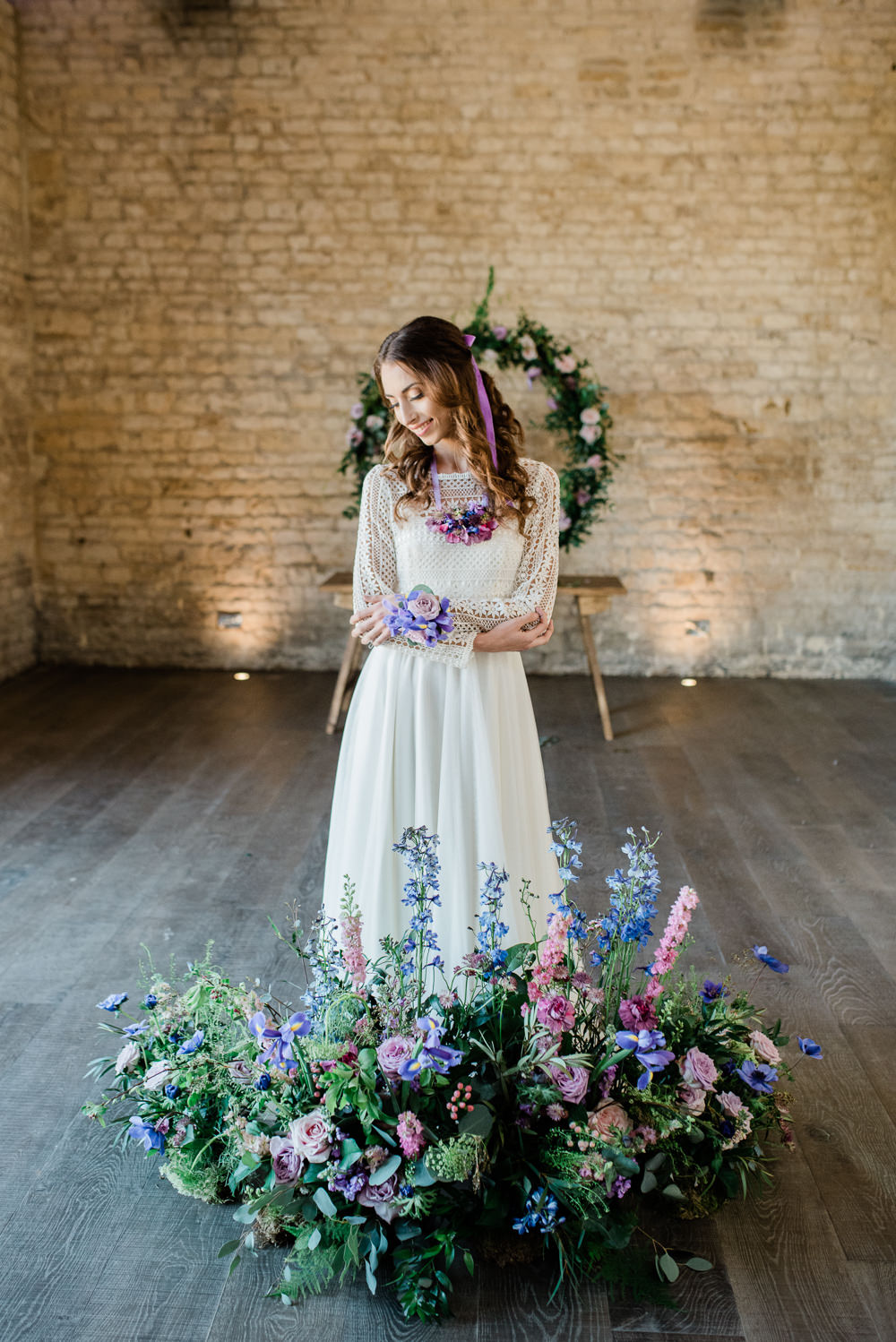 Iris Rose Delphiniums Backdrop Lilac Greenery Hoop Wreath Foliage Table Meadow Ultra Violet Wedding Moon Gate Flower Arch Captured by Katrina Photography