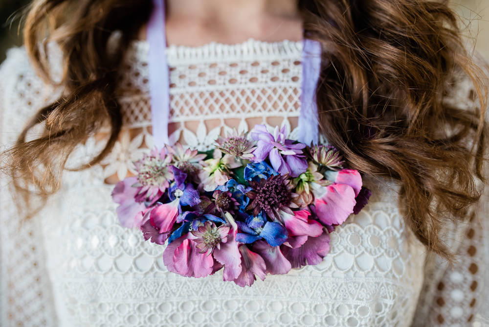 Floral Necklace Bride Bridal Ultra Violet Wedding Moon Gate Flower Arch Captured by Katrina Photography