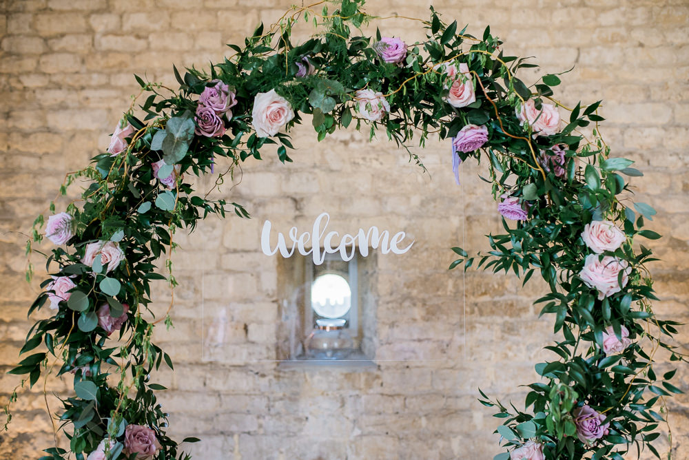Perspex Acrylic Welcome Sign Calligraphy Backdrop Lilac Greenery Hoop Wreath Foliage Table Meadow Purple Ultra Violet Wedding Moon Gate Flower Arch Captured by Katrina Photography