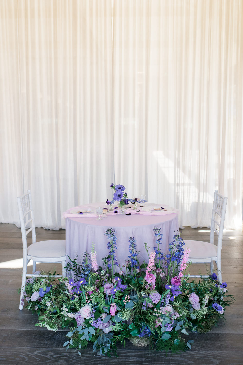 Table Tablescape Purple Lilac Cloth Meadow Arrangement Decor Ultra Violet Wedding Moon Gate Flower Arch Captured by Katrina Photography