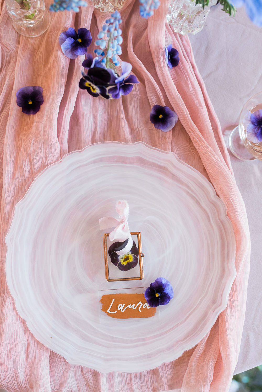 Place Setting Pink Silk Cloth Table Decor Plate Ultra Violet Wedding Moon Gate Flower Arch Captured by Katrina Photography