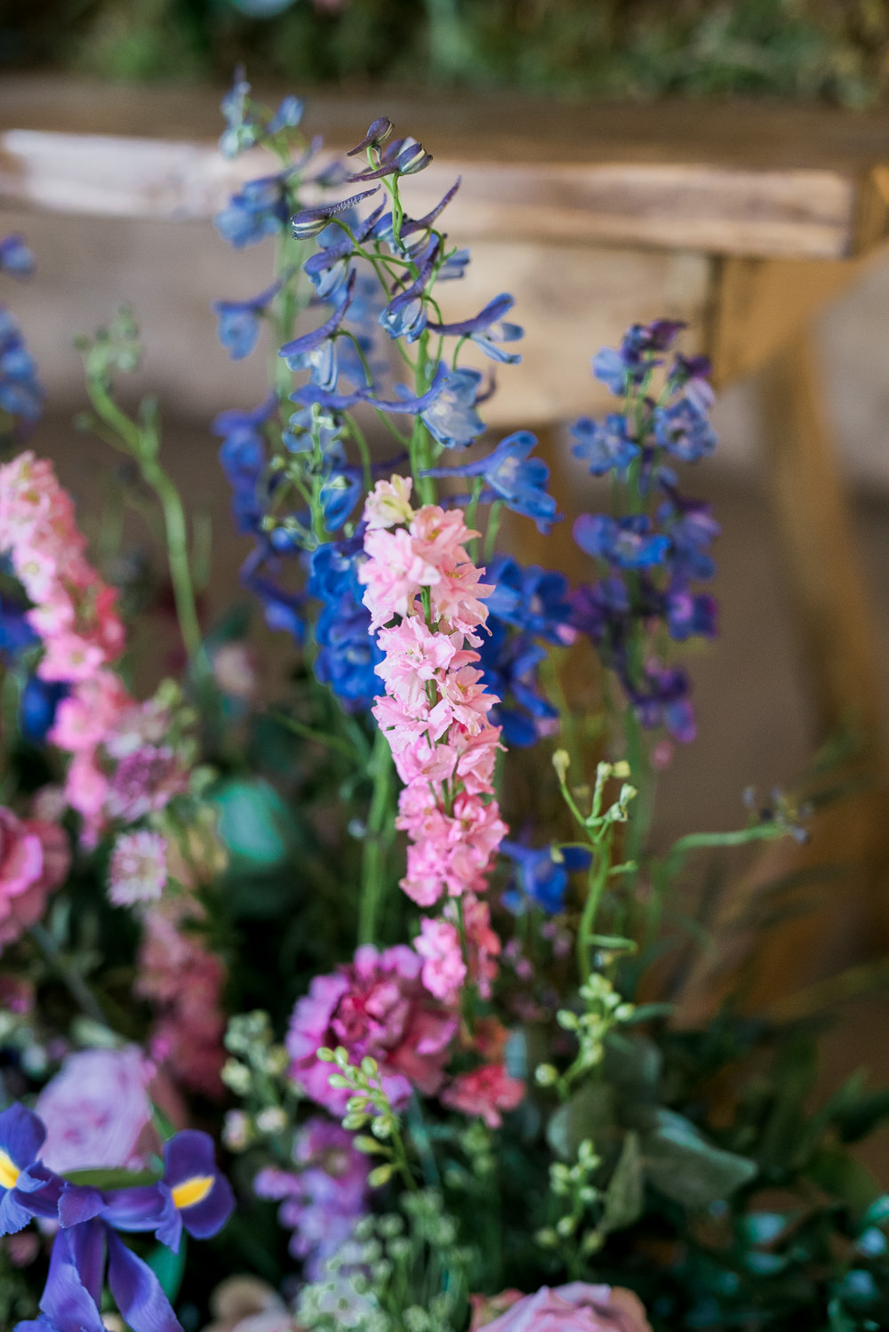 Lilac Greenery Foliage Table Meadow Purple Iris Rose Delphiniums Ultra Violet Wedding Moon Gate Flower Arch Captured by Katrina Photography