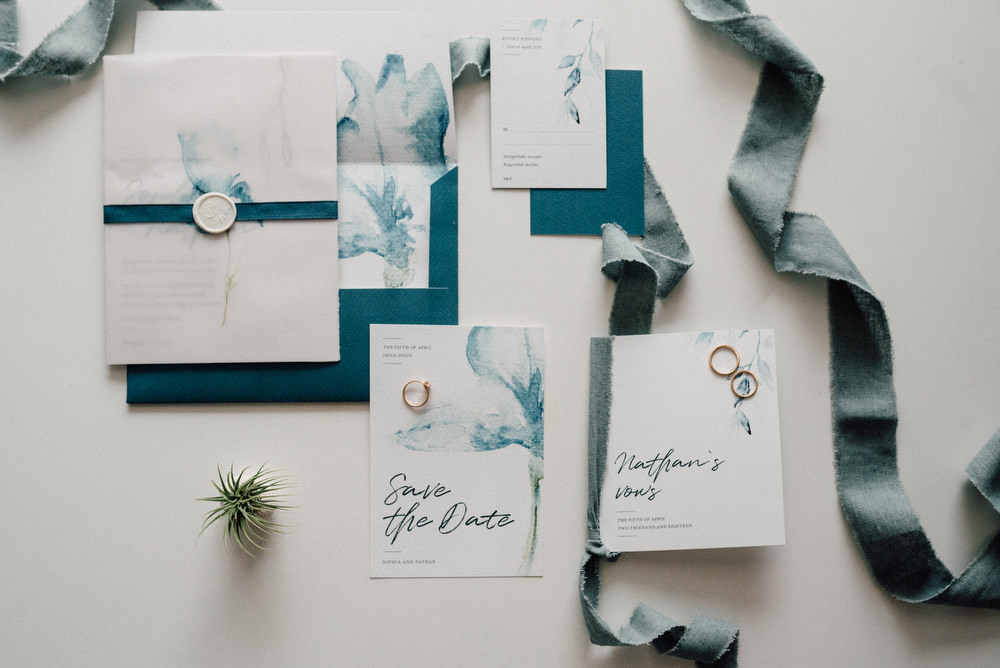 Outdoor Wild Nature Destination Spain Europe Coastal Styled Shoot Beach Stationery Watercolor Styling White Wax Seal | Blue Ibiza Elopement Ideas and Surprise Proposal Serena Genovese Photography