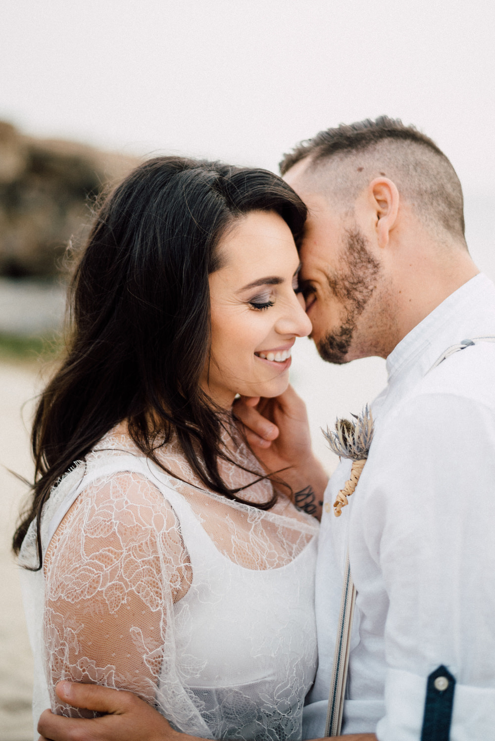 Outdoor Wild Nature Destination Spain Europe Beach Styled Shoot Groom Braces Bride Blue Gown Lace | Blue Ibiza Elopement Ideas and Surprise Proposal Serena Genovese Photography
