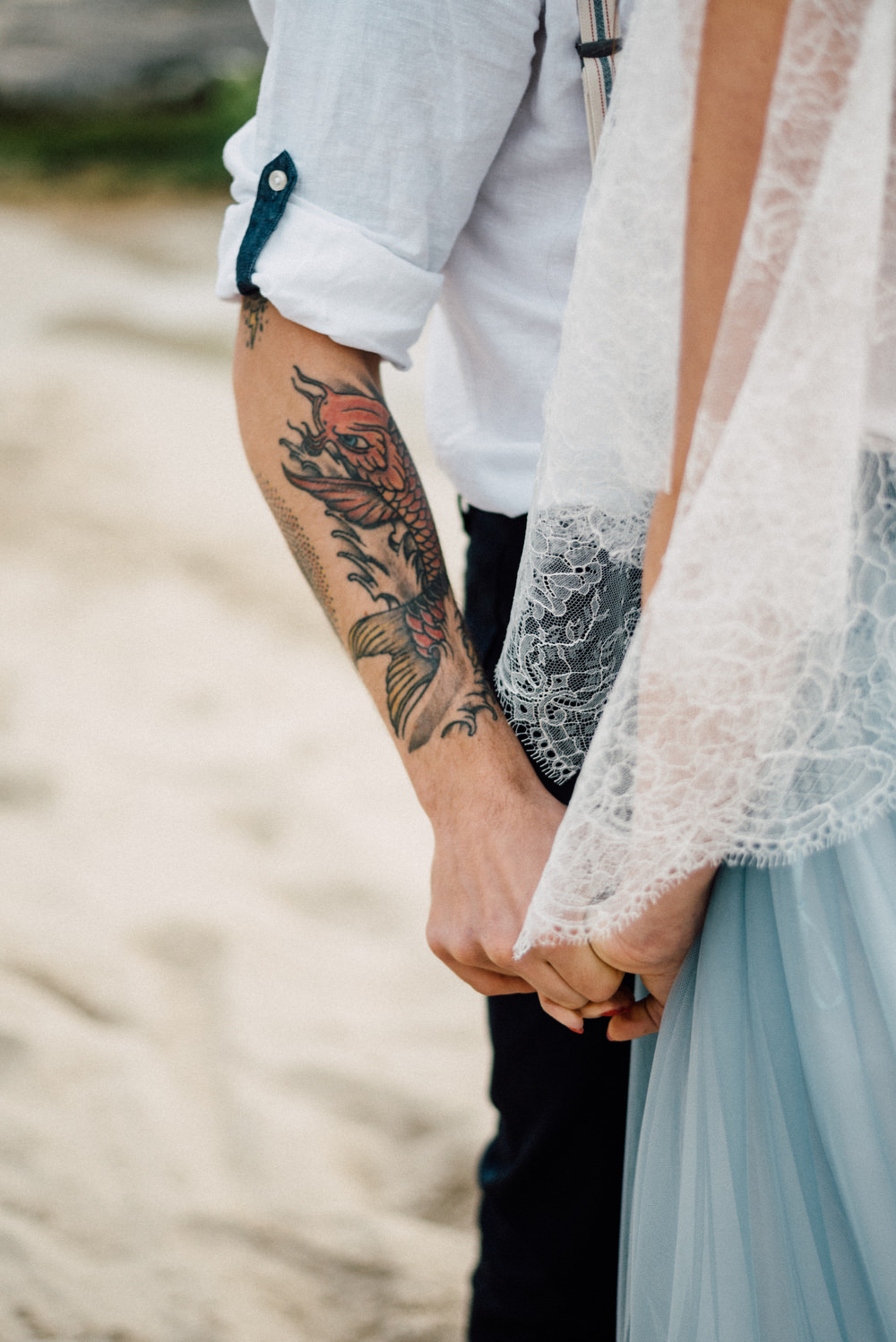 Outdoor Wild Nature Destination Spain Europe Beach Styled Shoot Groom Braces Bride Blue Gown Lace Tattooed | Blue Ibiza Elopement Ideas and Surprise Proposal Serena Genovese Photography