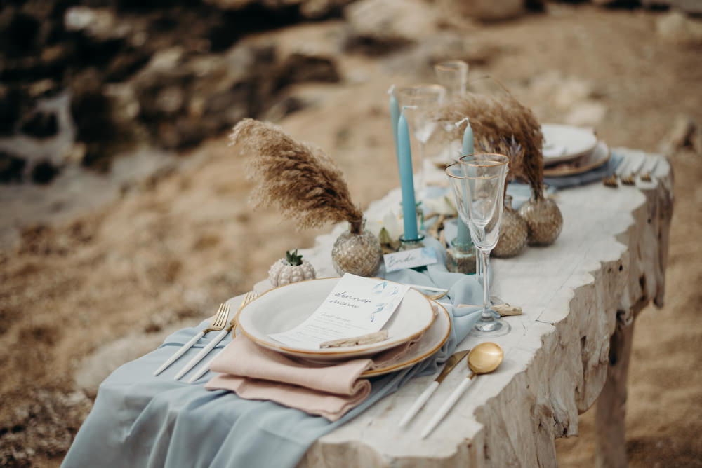Outdoor Wild Nature Destination Spain Europe Coastal Styled Shoot Beach Table Elegant Styling | Blue Ibiza Elopement Ideas and Surprise Proposal Serena Genovese Photography