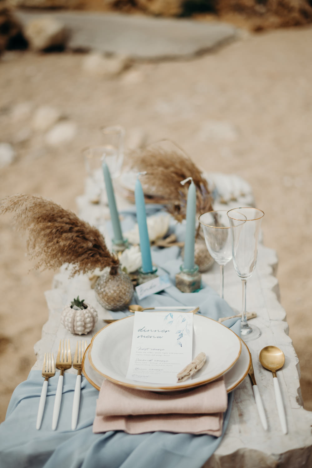 Outdoor Wild Nature Destination Spain Europe Coastal Styled Shoot Beach Table Elegant Styling | Blue Ibiza Elopement Ideas and Surprise Proposal Serena Genovese Photography