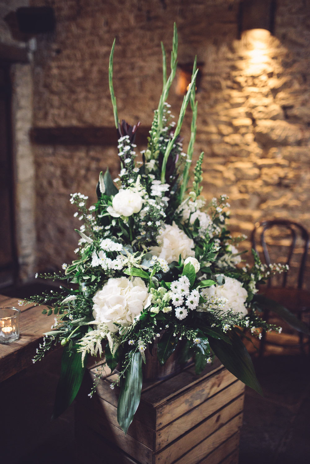 Flowers Greenery Foliage Cream Peony Peonies Rose Crate Decor Ceremony Botanical Country Wedding Jenna Woodward Photography