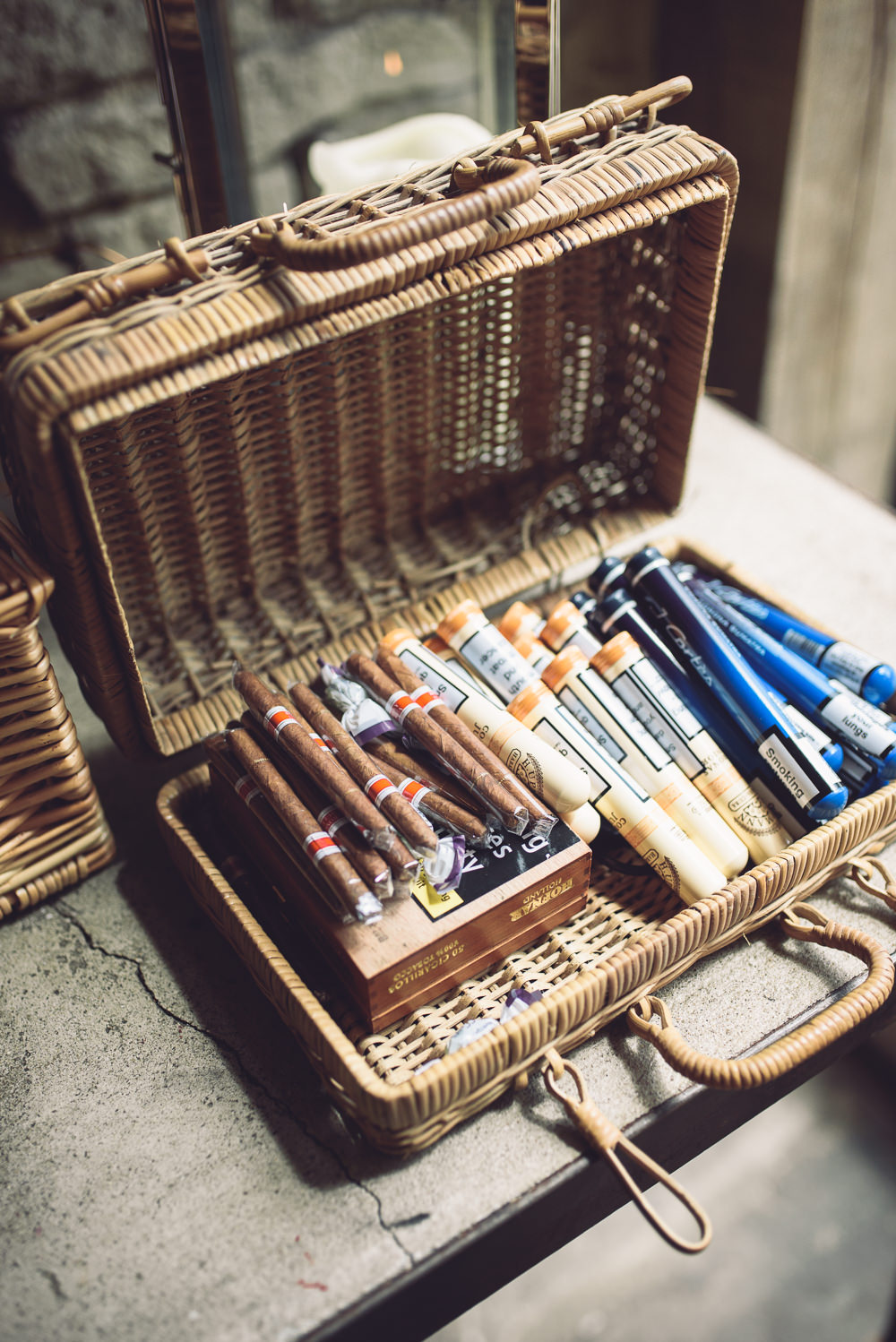 Cigar Basket Hamper Bar Botanical Country Wedding Jenna Woodward Photography