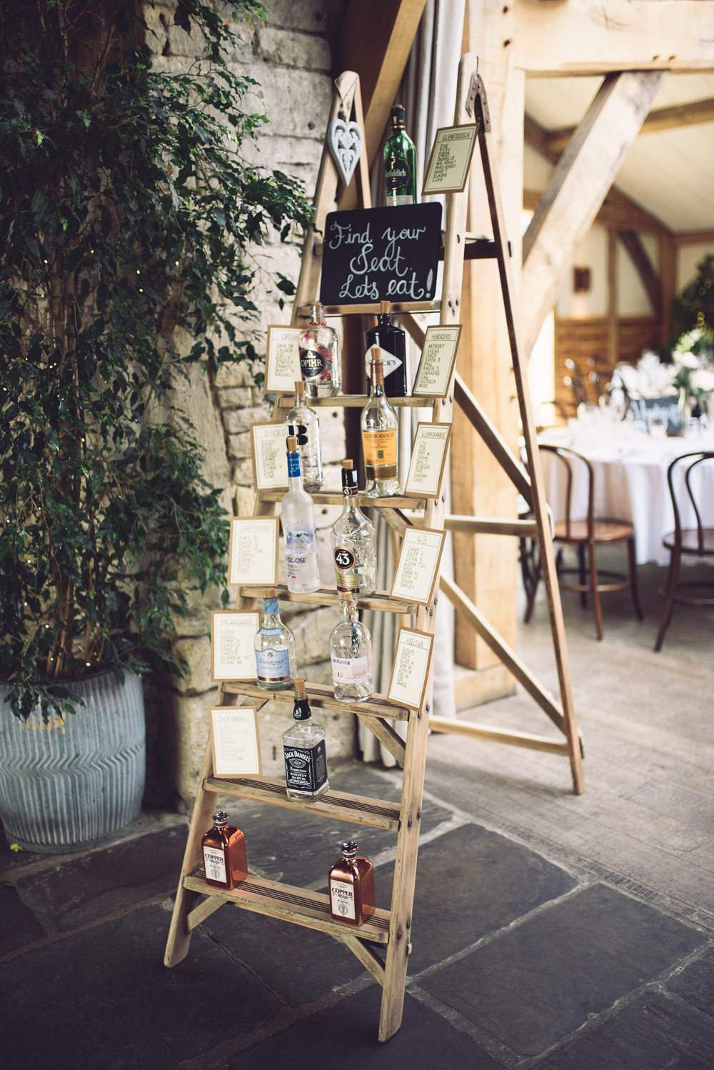 Drinks Bottles Wooden Ladder Seating Plan Table Chart Botanical Country Wedding Jenna Woodward Photography