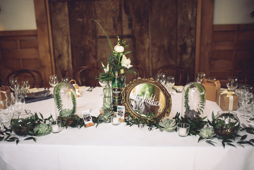 Flowers Greenery Foliage Cream Peony Peonies Rose Succulents Table Bottles Log Centrepiece Mirror Name Top Table Botanical Country Wedding Jenna Woodward Photography