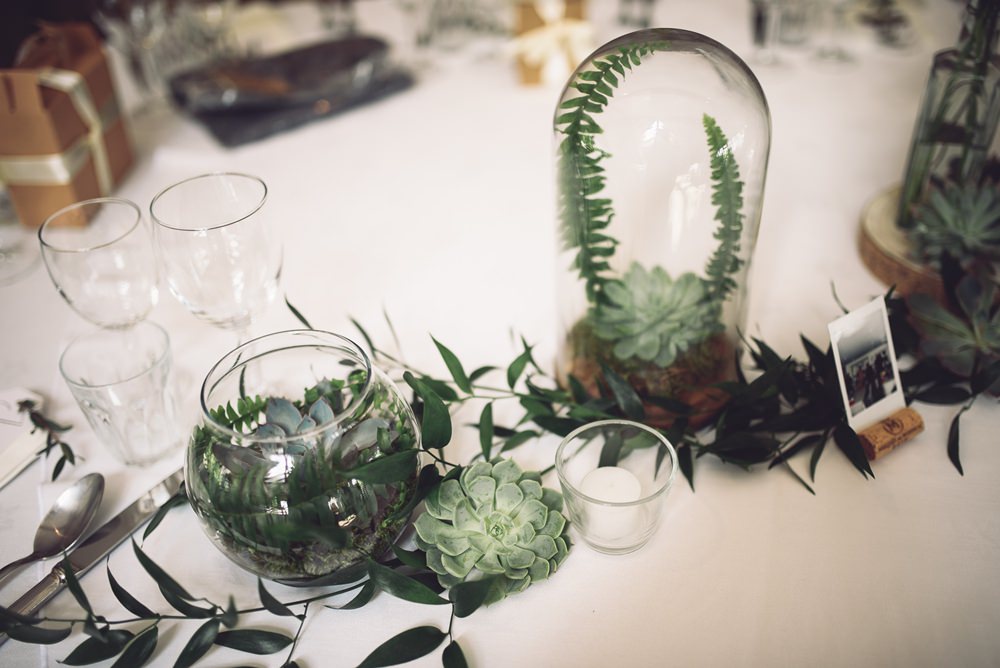 Flowers Greenery Foliage Table Centrepiece Bell Jar Terrarium Botanical Country Wedding Jenna Woodward Photography