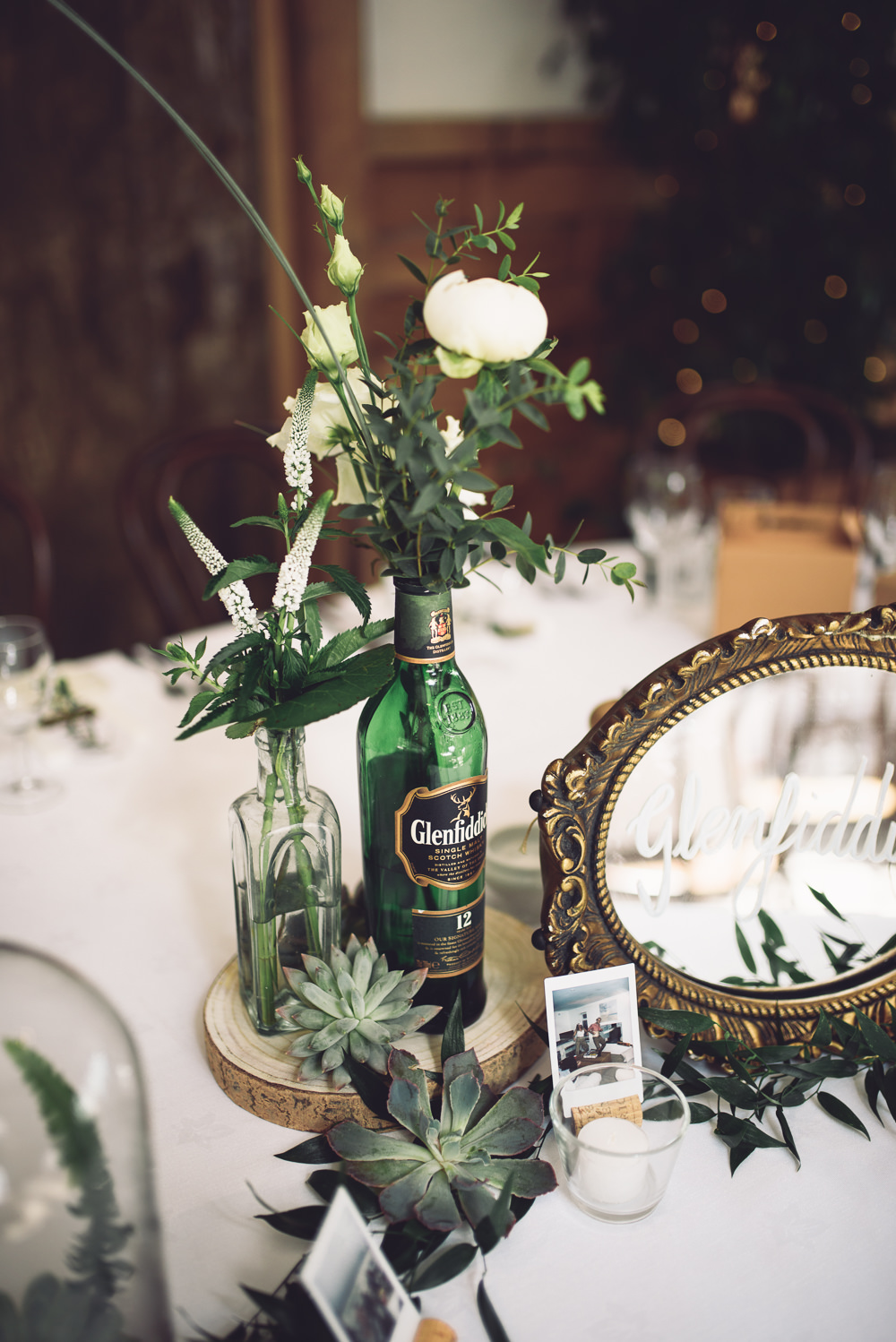 Flowers Greenery Foliage Cream Peony Peonies Rose Table Bottles Log Centrepiece Mirror Frame Name Botanical Country Wedding Jenna Woodward Photography