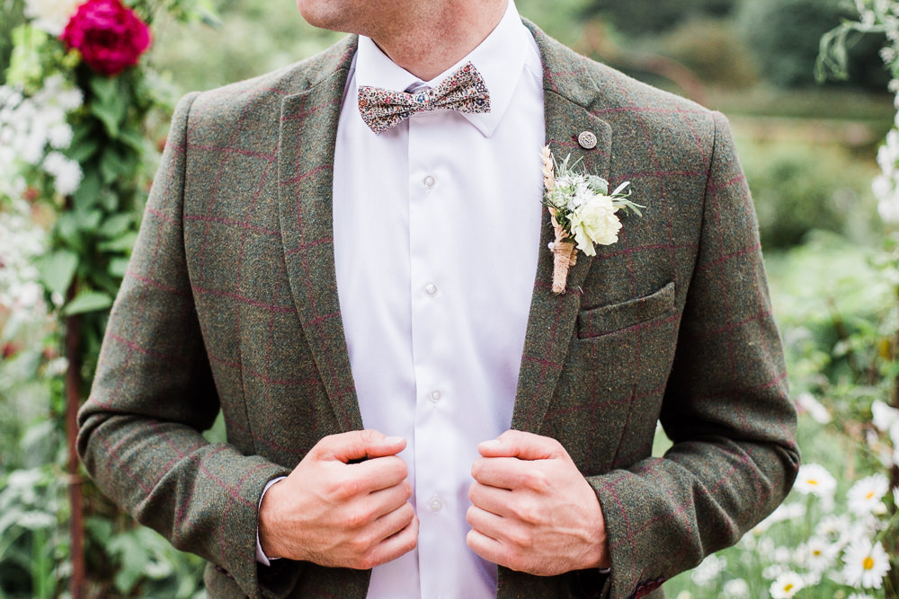 Groom Style Suit Brown Check Tweed Bow Tie Colourful Bohemian Floral Wedding Ideas Anna Beth Photography