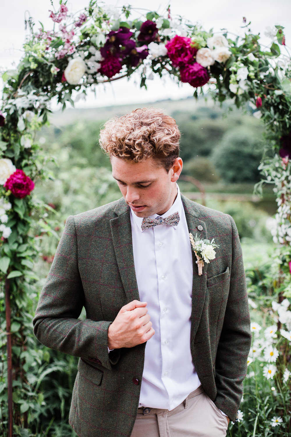 Groom Style Suit Brown Check Tweed Bow Tie Colourful Bohemian Floral Wedding Ideas Anna Beth Photography