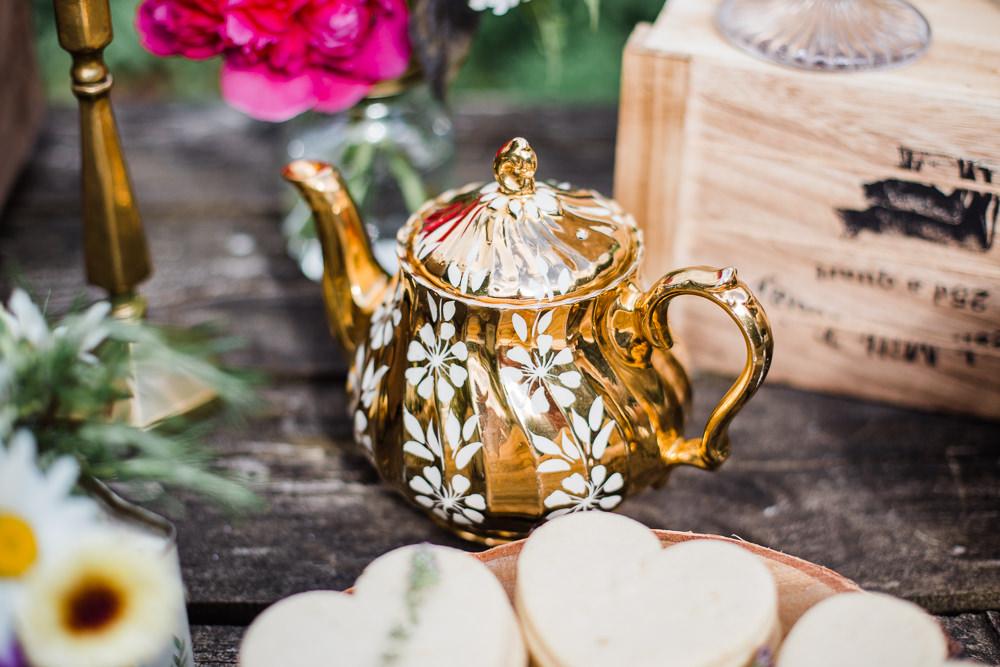 Gold Tea Pot Decor Colourful Bohemian Floral Wedding Ideas Anna Beth Photography