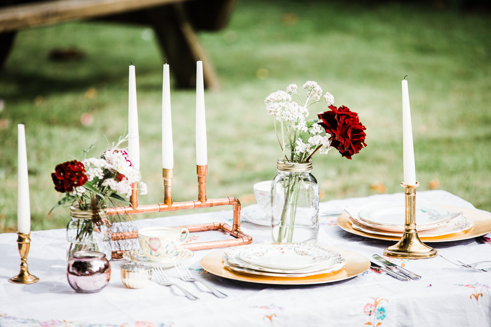 Tablescape Table Decor Candles Copper Flowers Place Setting Colourful Bohemian Floral Wedding Ideas Anna Beth Photography