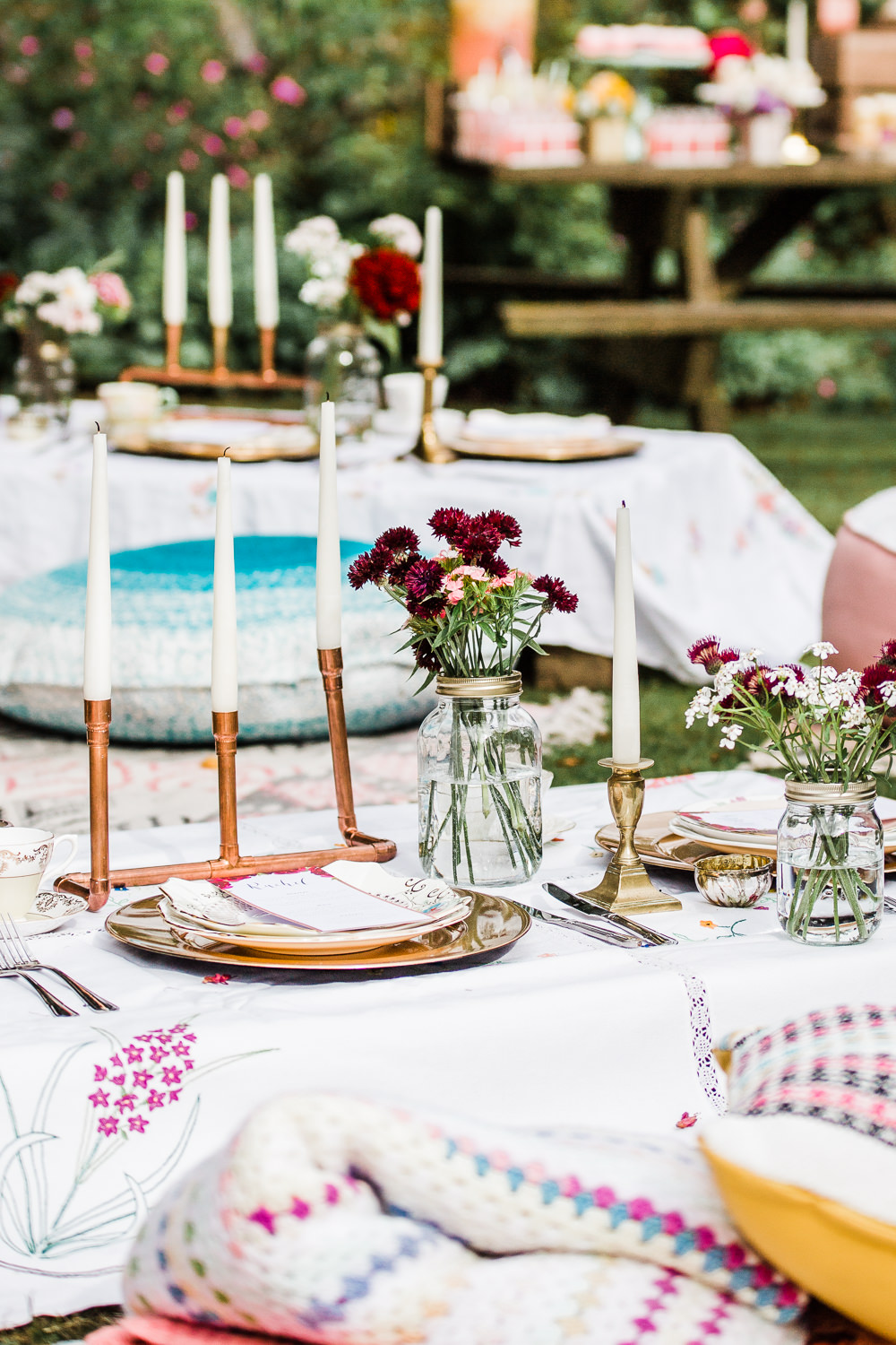 Tablescape Table Decor Candles Copper Flowers Place Setting Colourful Bohemian Floral Wedding Ideas Anna Beth Photography
