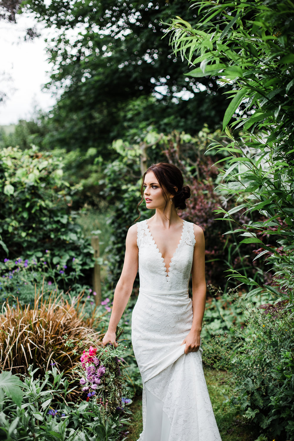 Bride Bridal Dress Gown Lace Train Plunge Colourful Bohemian Floral Wedding Ideas Anna Beth Photography
