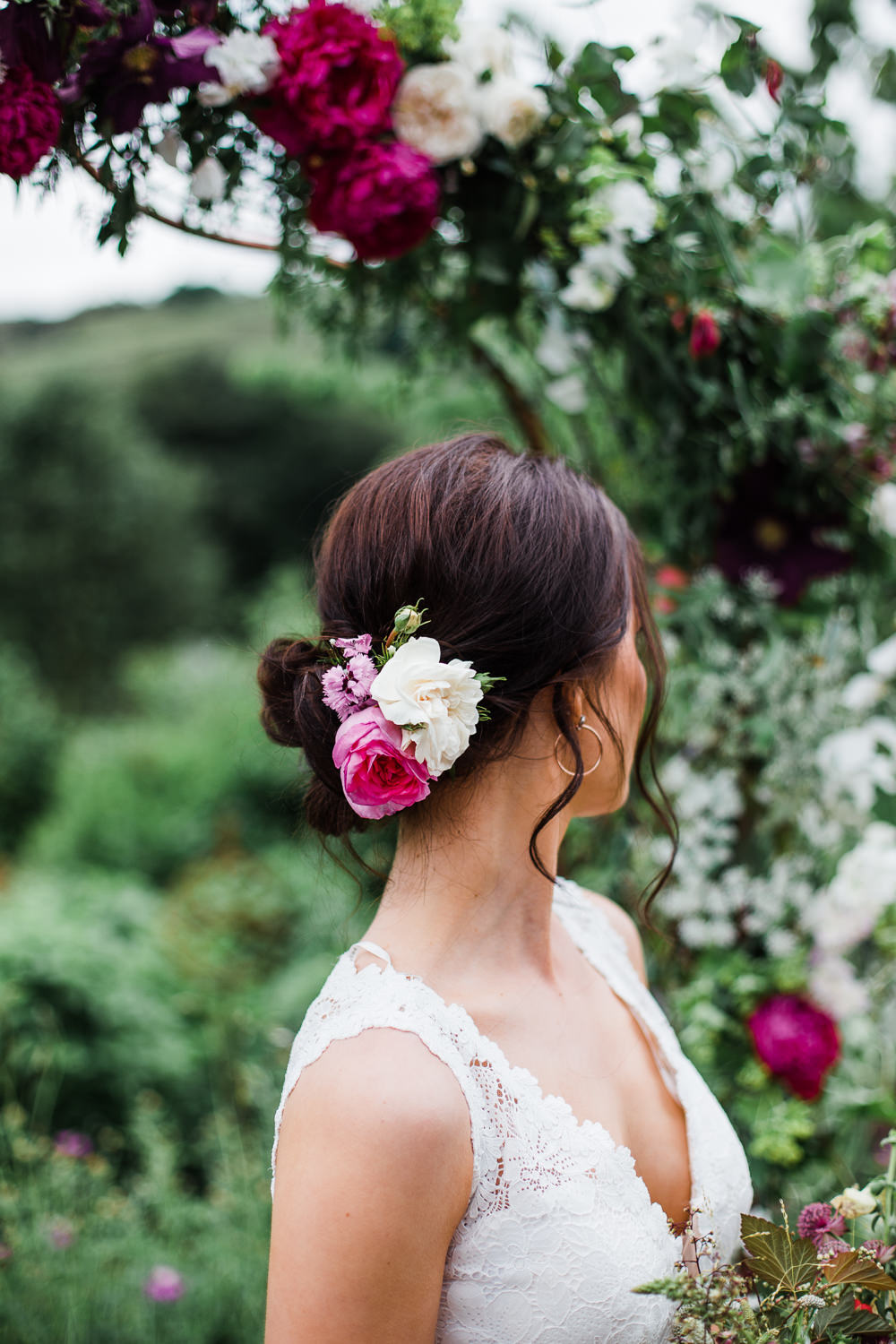 Hair Bride Bridal Style Up Do Flowers Colourful Bohemian Floral Wedding Ideas Anna Beth Photography
