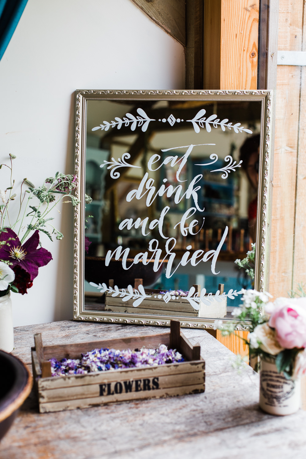 Mirror Sign Calligraphy Colourful Bohemian Floral Wedding Ideas Anna Beth Photography