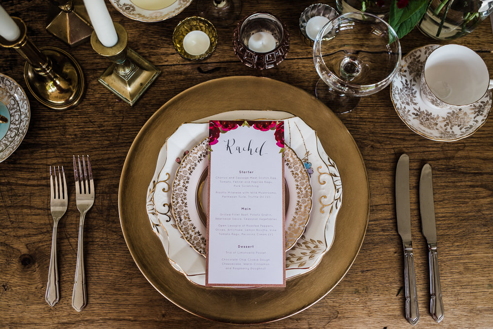 Place Setting Gold Plate Menu Colourful Bohemian Floral Wedding Ideas Anna Beth Photography