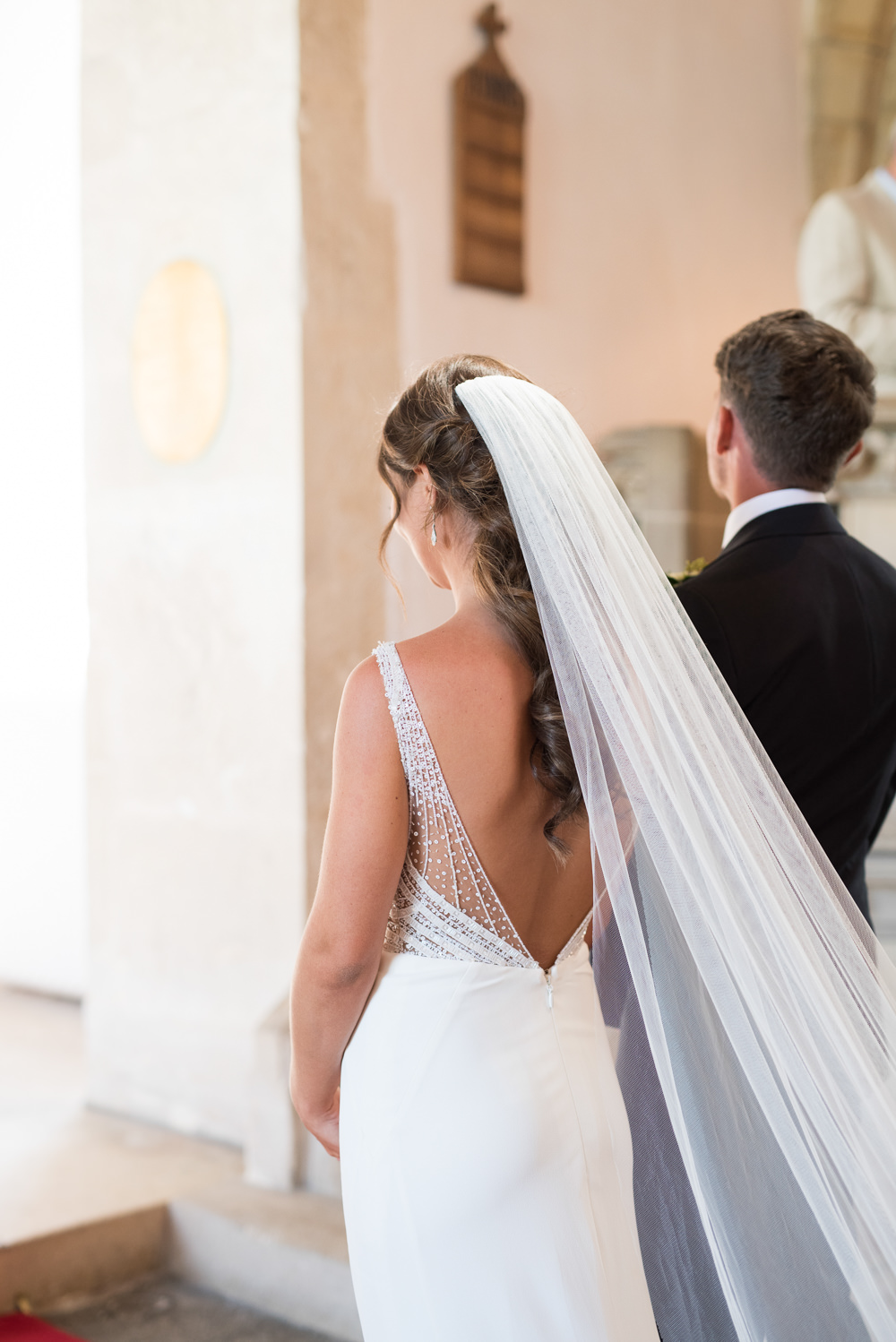 Bride Bridal Gown Dress Sequin Embellished Low V Back Cathedral Veil Elegant Chic Modern Wedding Kayleigh Pope Photography
