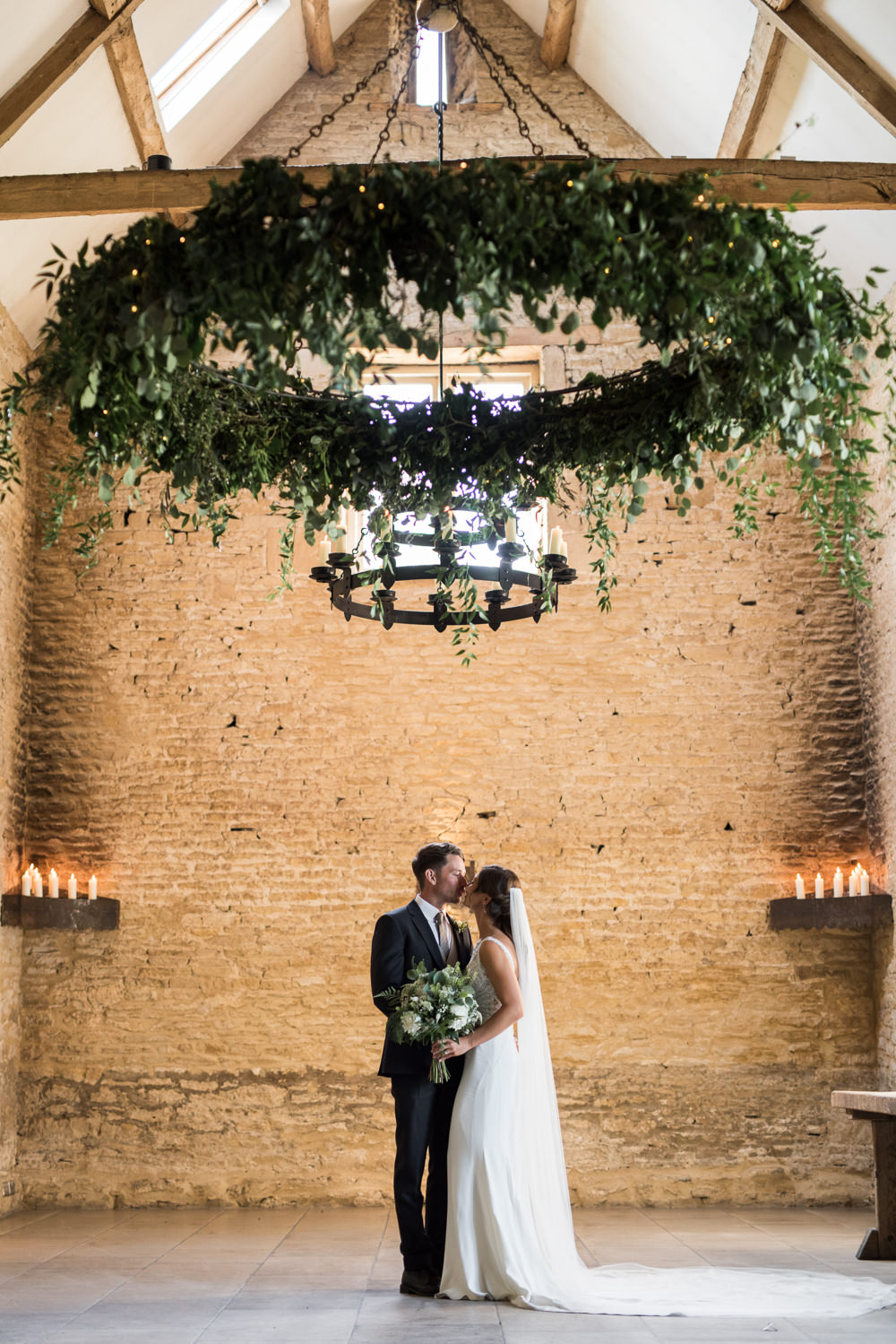 Bride Bridal Embellished Sequin Boat Neck Sleeveless Veil Bouquet Greenery White Reiss Waistcoat Groom Navy Greenery Chandelier Candles Elegant Chic Modern Wedding Kayleigh Pope Photography