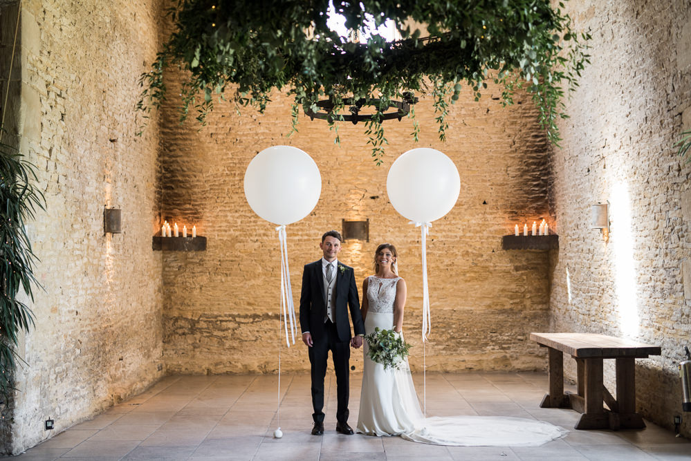 Bride Bridal Embellished Sequin Boat Neck Sleeveless Veil Bouquet Greenery White Reiss Waistcoat Groom Navy Giant Latex Balloon Greenery Chandelier Foliage Candles Elegant Chic Modern Wedding Kayleigh Pope Photography