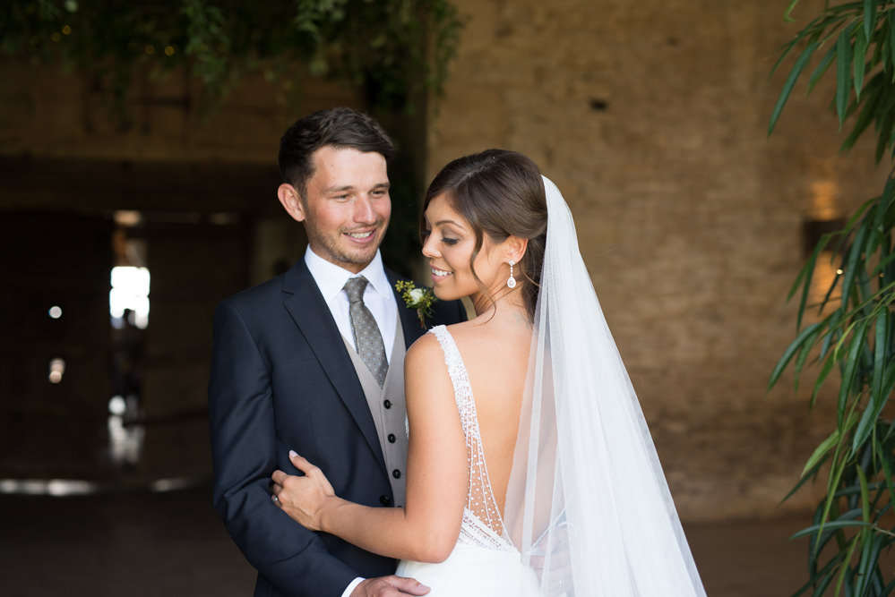 Bride Bridal Embellished Sequin Boat Neck Sleeveless Low V Back Veil Bouquet Greenery White Reiss Waistcoat Groom Navy Elegant Chic Modern Wedding Kayleigh Pope Photography