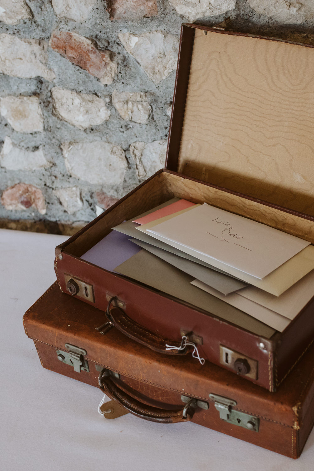 Travel Wine Inspired Rustic Outdoor Natural Farm Field Countryside Vintage Suitcase Cards | Farbridge Barn Wedding Jamie Dunn Photography