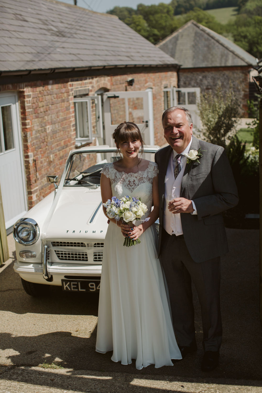 Travel Wine Inspired Rustic Outdoor Natural Farm Field Bride Father White Bouquet Classic Car | Farbridge Barn Wedding Jamie Dunn Photography