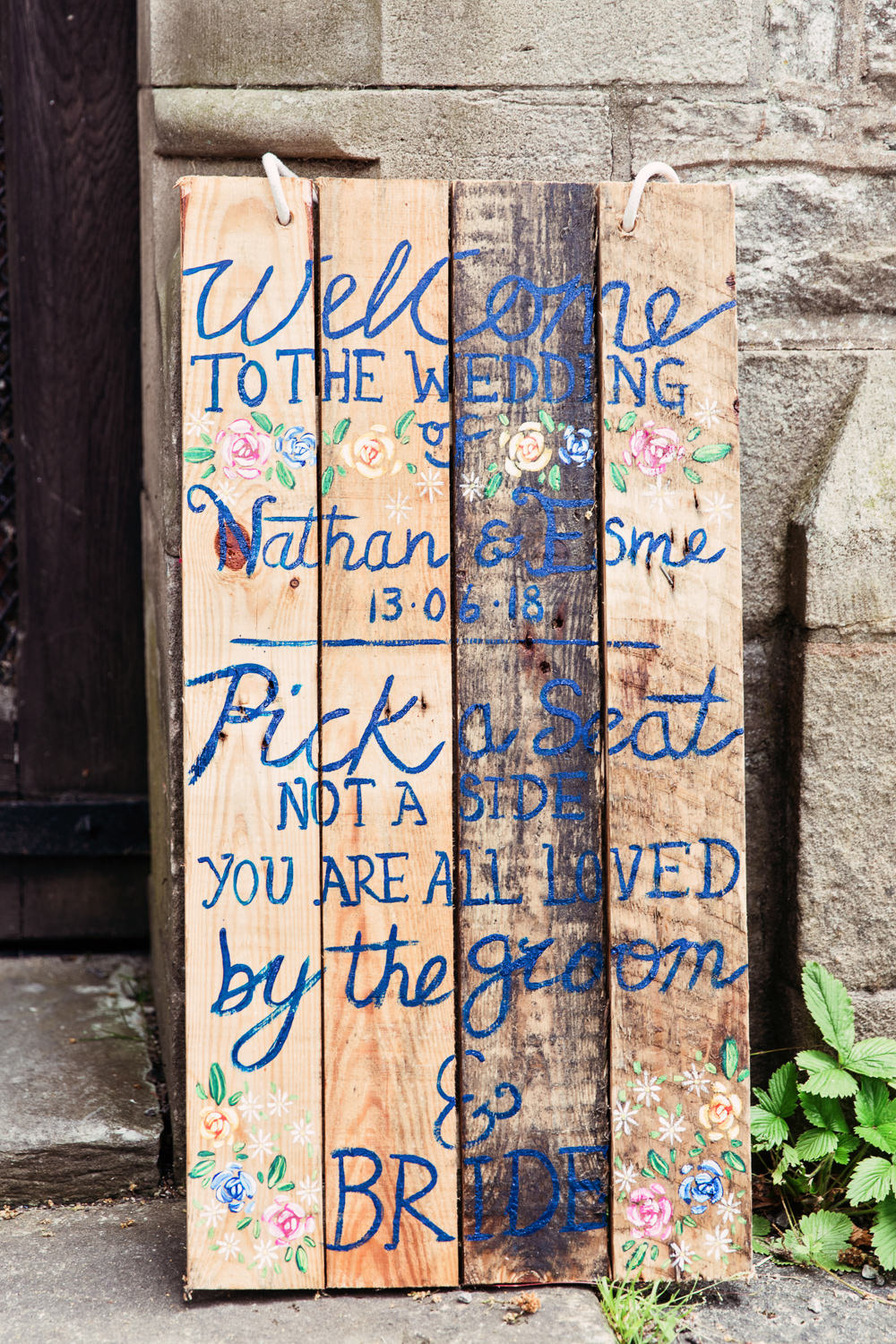 Handpainted Pallet Sign Floral Pick a Seat Not a Side Festival Wedding Mismatched Country Camilla Lucinda Photography