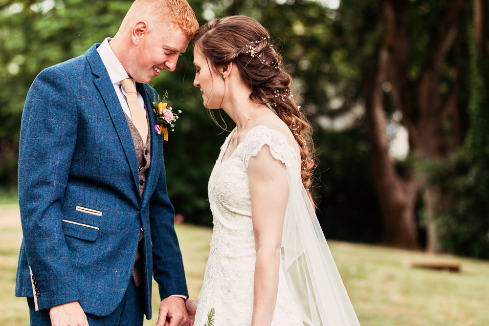 Bride Bridal Bespoke Dress Cape Sweetheart Neckline A Line Lace Tweed Mismatched Waistcoat Groom Festival Wedding Mismatched Country Camilla Lucinda Photography