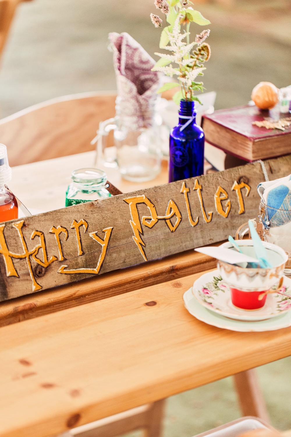 Harry Potter Handpainted Table Sign Vintage Tea Set China Festival Wedding Mismatched Country Camilla Lucinda Photography