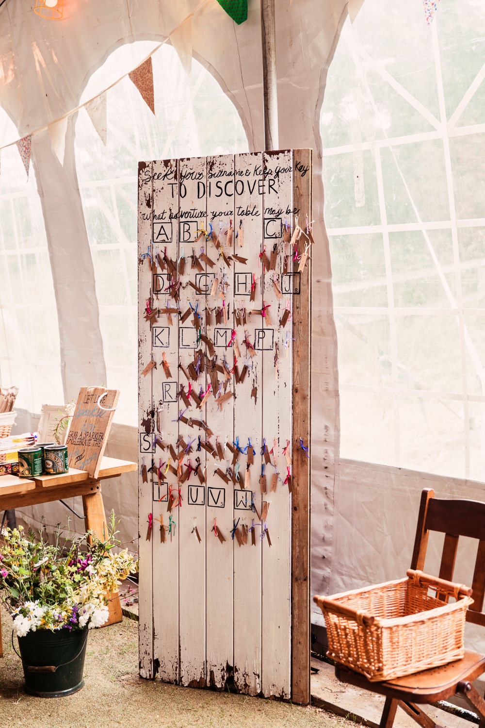 Hand Painted Table Plan Flag Wooden Festival Wedding Mismatched Country Camilla Lucinda Photography