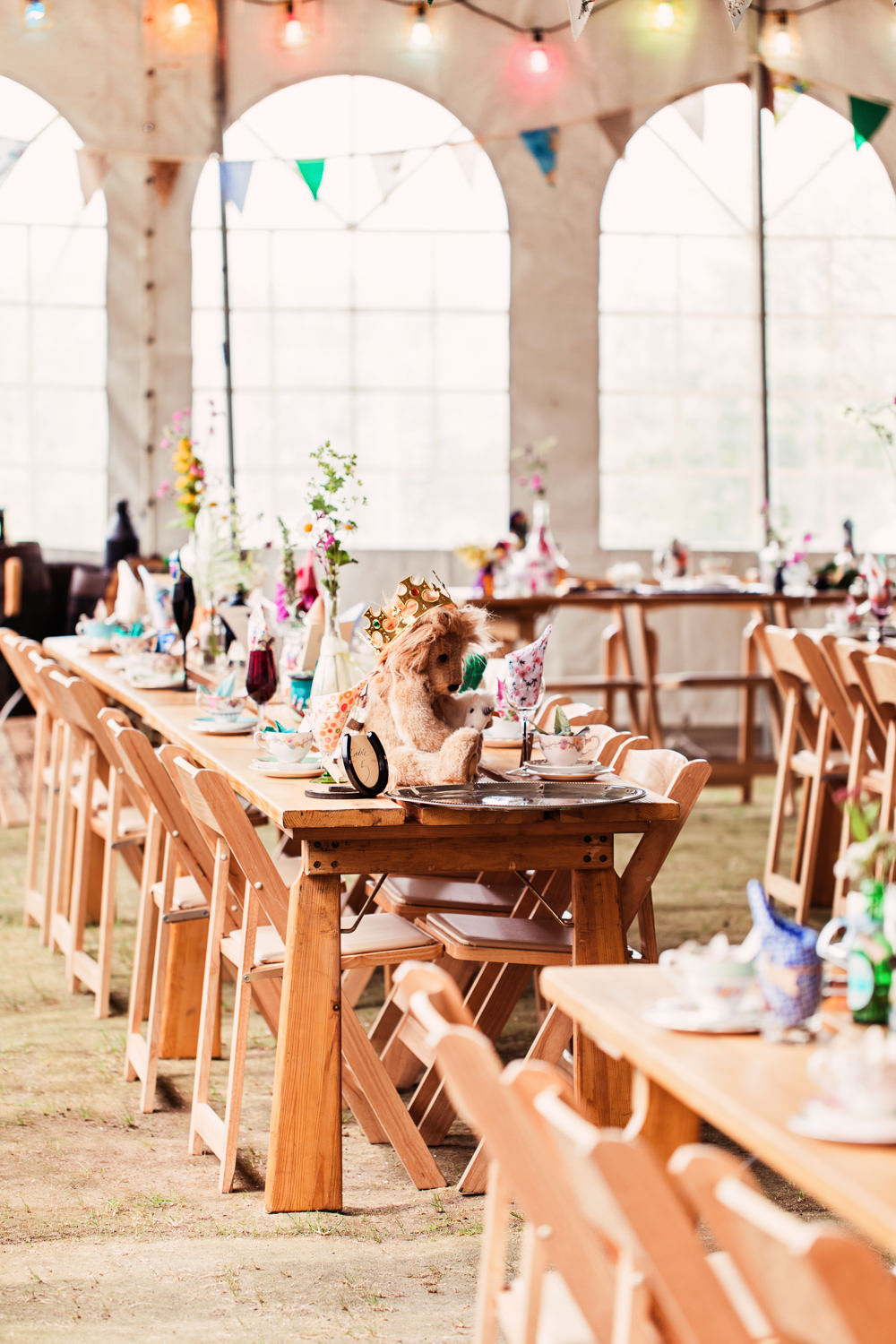 Table Setting Bunting Flowers Themed Festival Wedding Mismatched Country Camilla Lucinda Photography