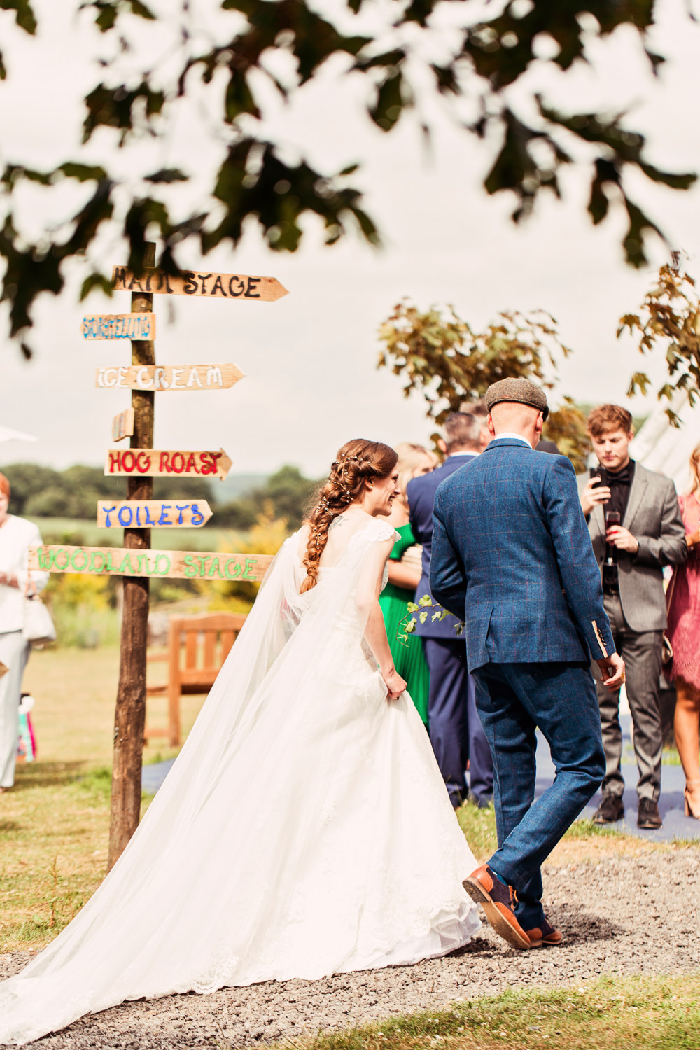 Bride Bridal Bespoke Dress Cape Sweetheart Neckline A Line Lace Tweed Mismatched Waistcoat Groom Festival Wedding Mismatched Country Camilla Lucinda Photography