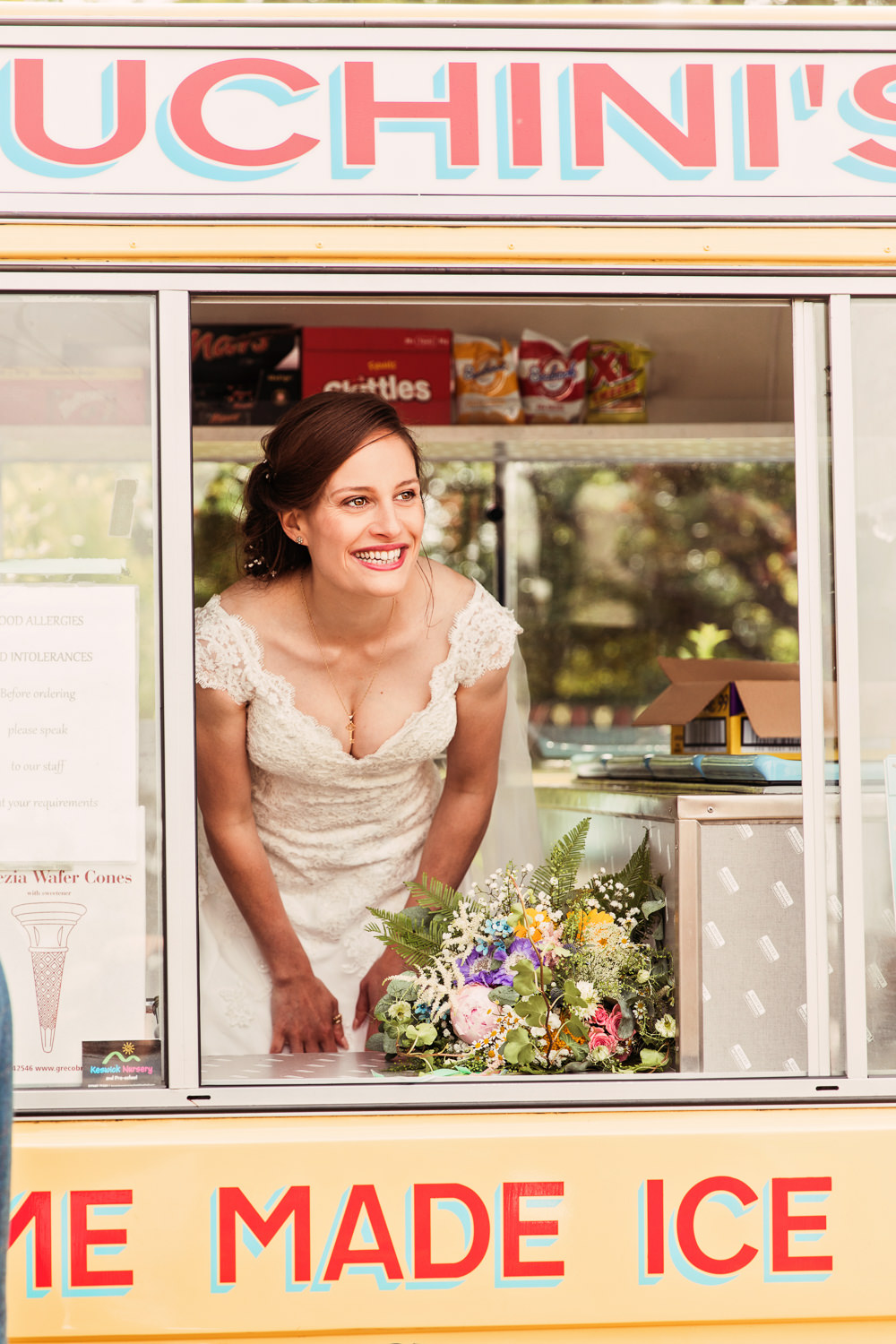 Bride Bridal Bespoke Dress Cape Sweetheart Neckline A Line Lace Ice Cream Van Festival Wedding Mismatched Country Camilla Lucinda Photography