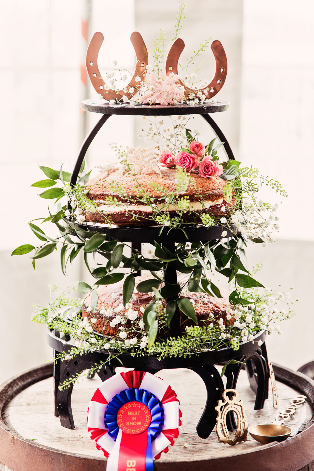 Naked Victoria Sponge Cake Floral Foliage Horse Shoe Stand Festival Wedding Mismatched Country Camilla Lucinda Photography