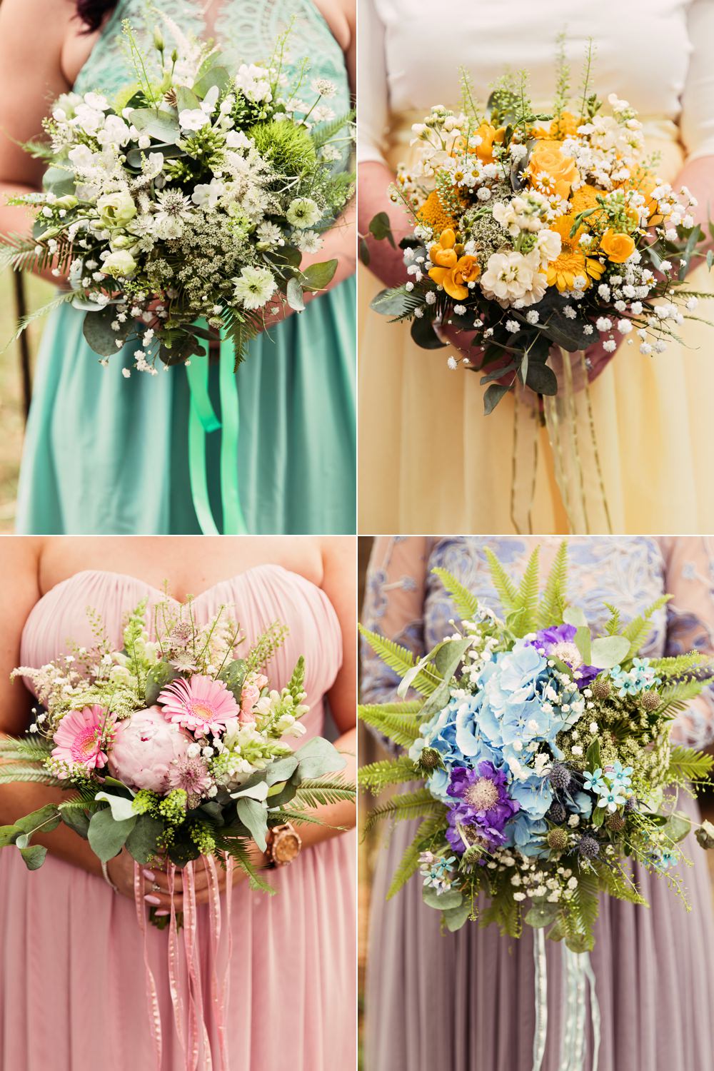 Rainbow Multicolour Bouquets Bridesmaids Dresses Flowers Pastel Pretty Festival Wedding Mismatched Country Camilla Lucinda Photography
