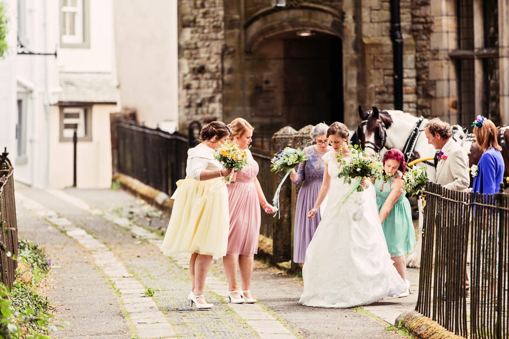 Bride Bridal Bespoke Dress Cape Sweetheart Neckline A Line Lace Purple Yellow Pink Green Bridesmaids Festival Wedding Mismatched Country Camilla Lucinda Photography