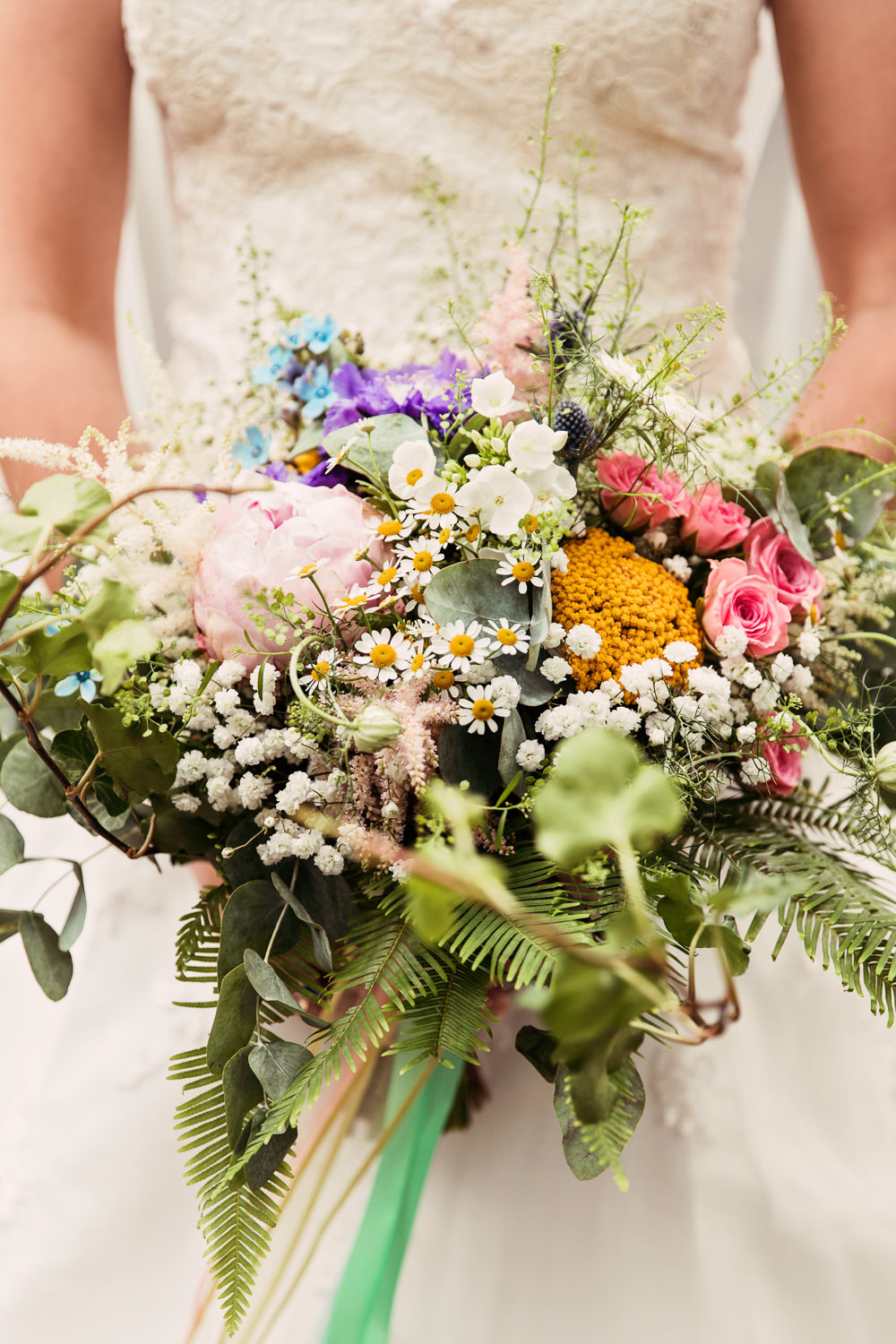Bride Bridal Bouquet Wildflower Meadow Daisy Rose Peony Fern Wax Flowers Festival Wedding Mismatched Country Camilla Lucinda Photography